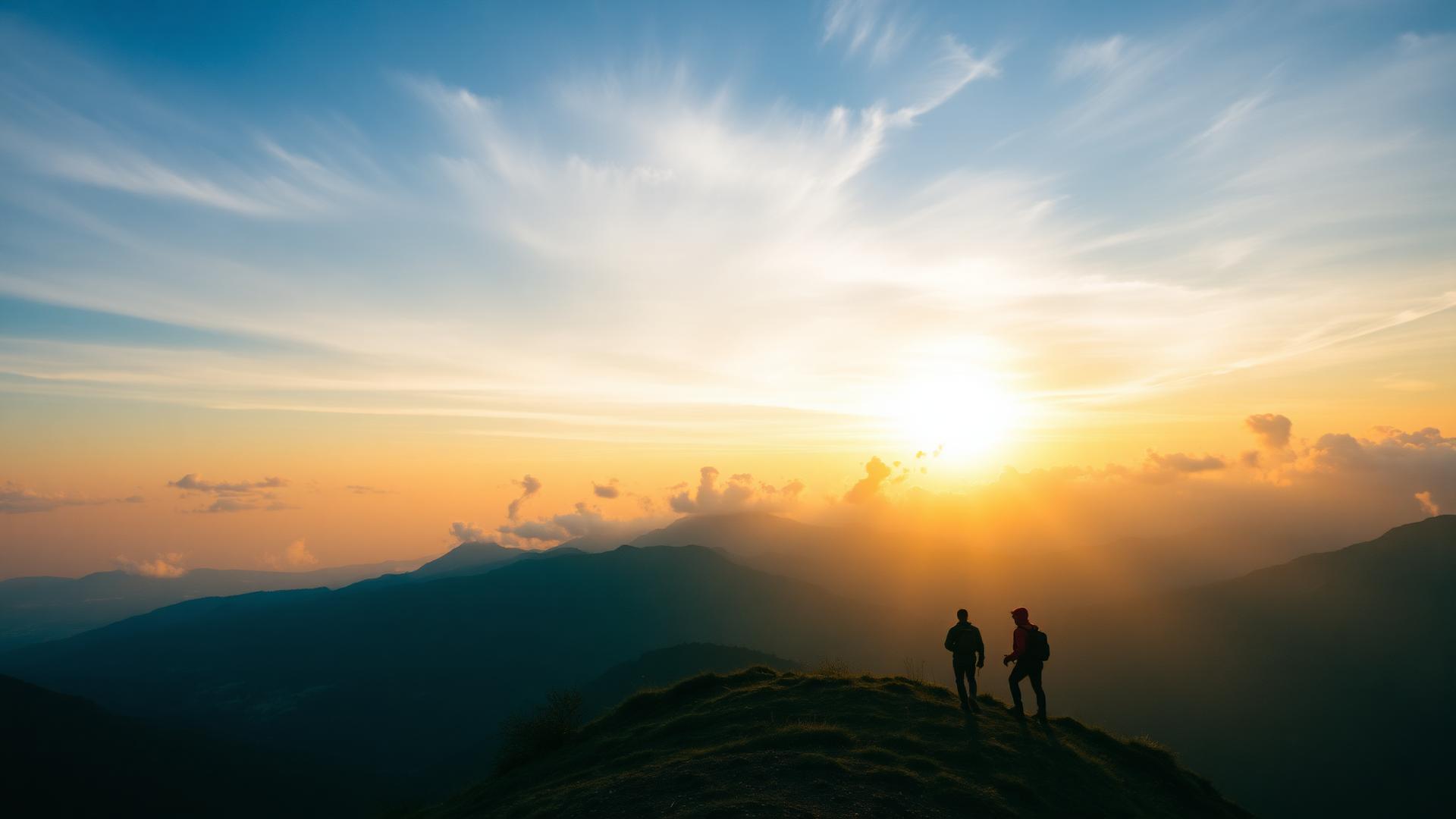 Hikers on a mountain ridge at sunset